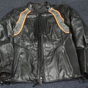 Harley-Davidson Black and Orange Leather Motorcycle Jacket